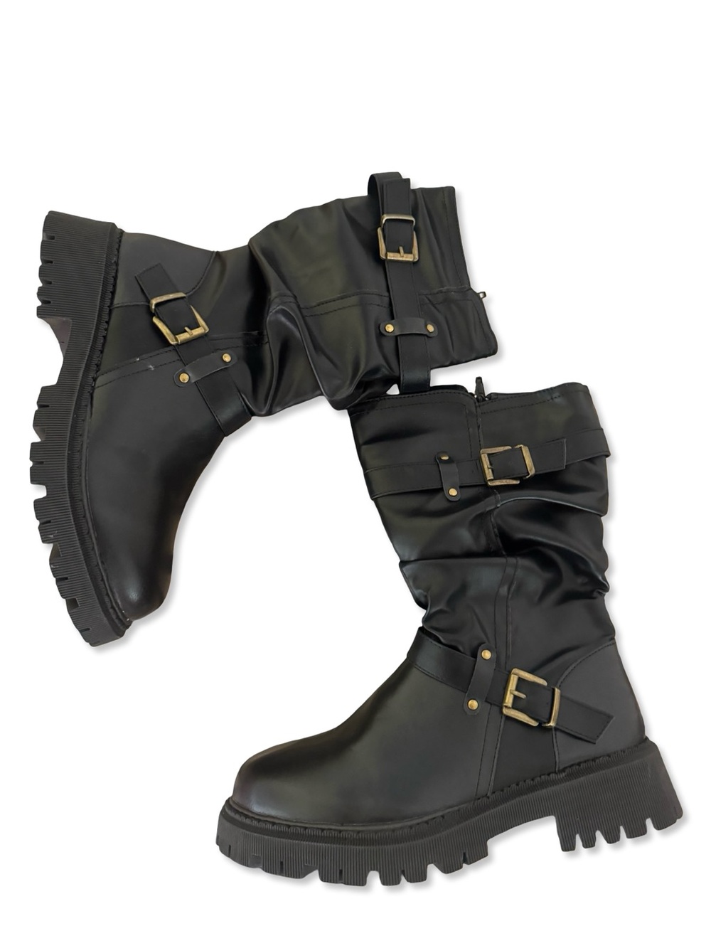 Black Moto Combat Boots Buckle Strap Lug Sole Mid Calf NWOT - Picture 10 of 11